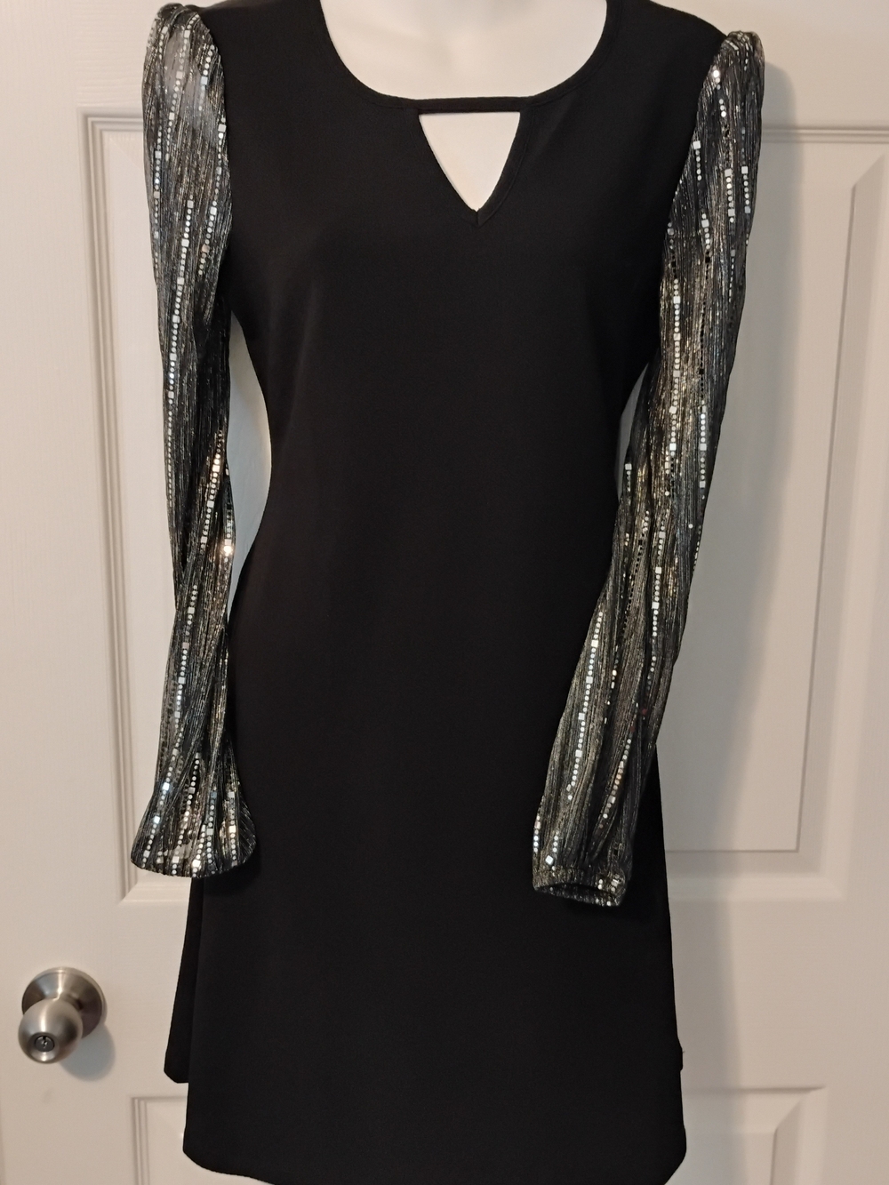 Black Midi Dress with Sheer Silver Metallic Sequin Long Sleeves